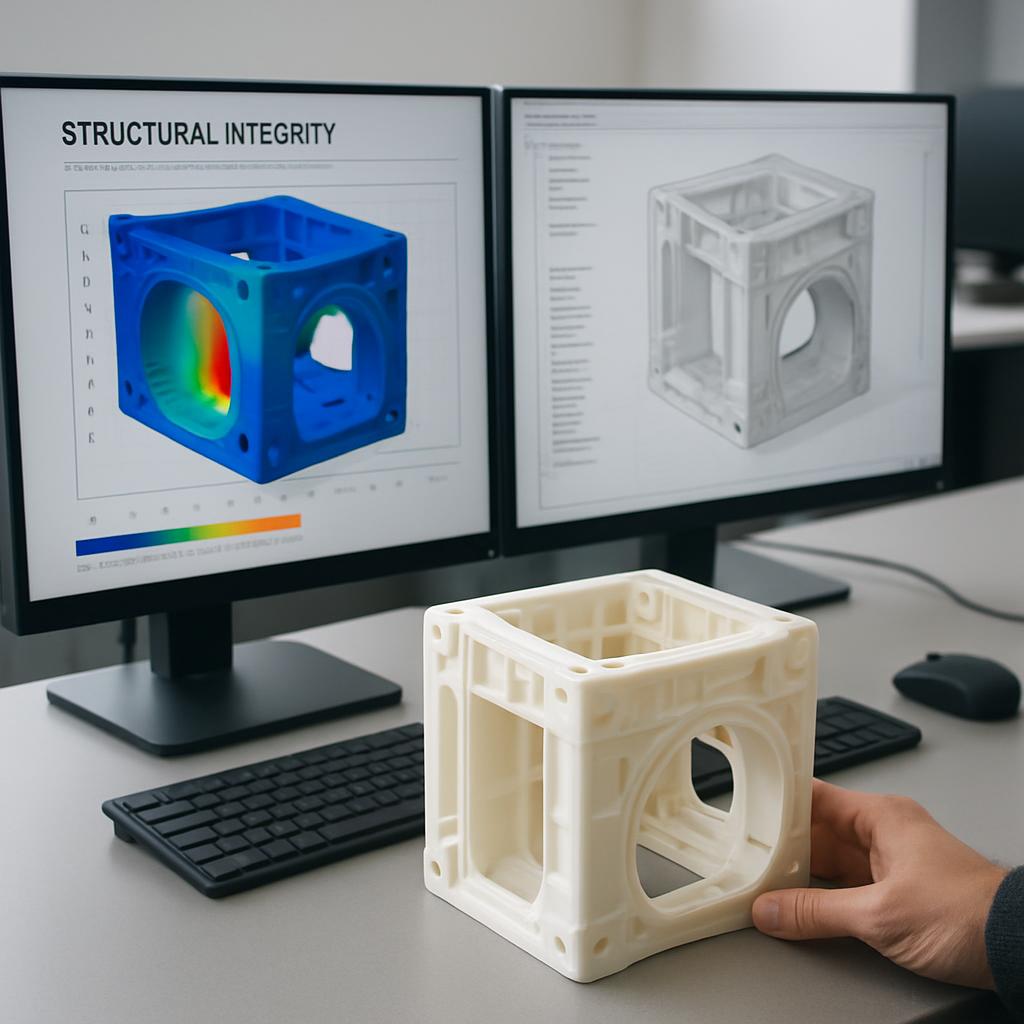 A person's hand holds a white, industrial-looking 3D print in front of two computer monitors displaying software to design...