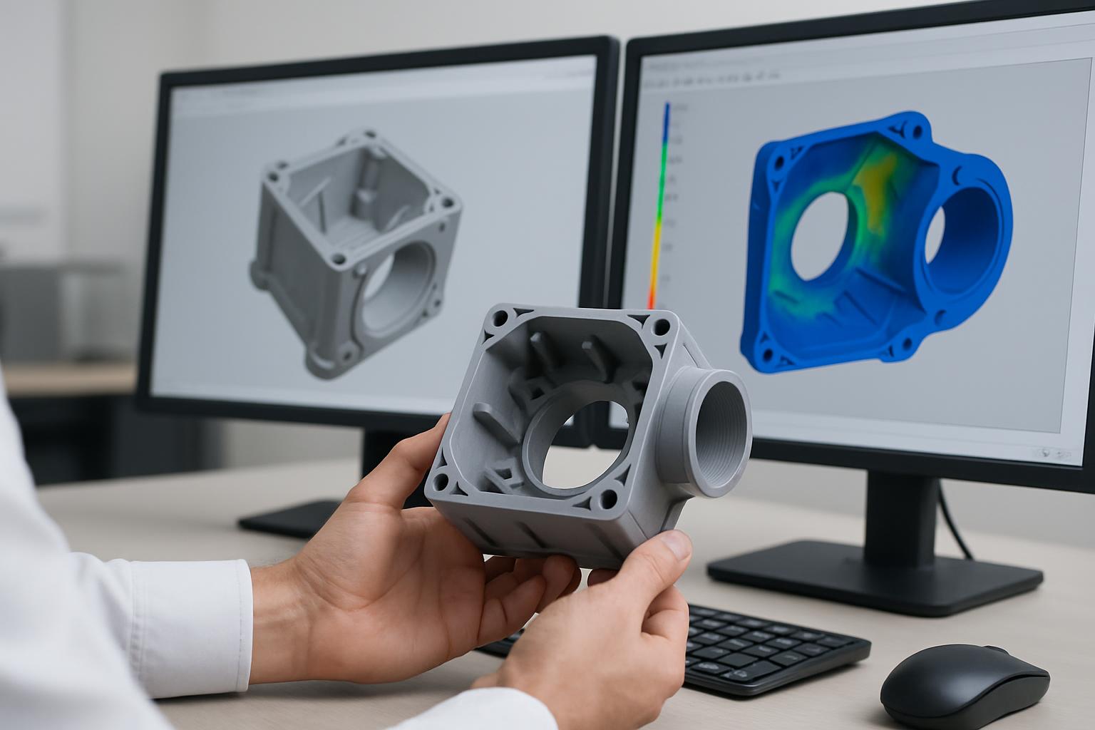 The image shows a close-up shot of a person holding a plastic grey object in front of two computer screens displaying CAD ...