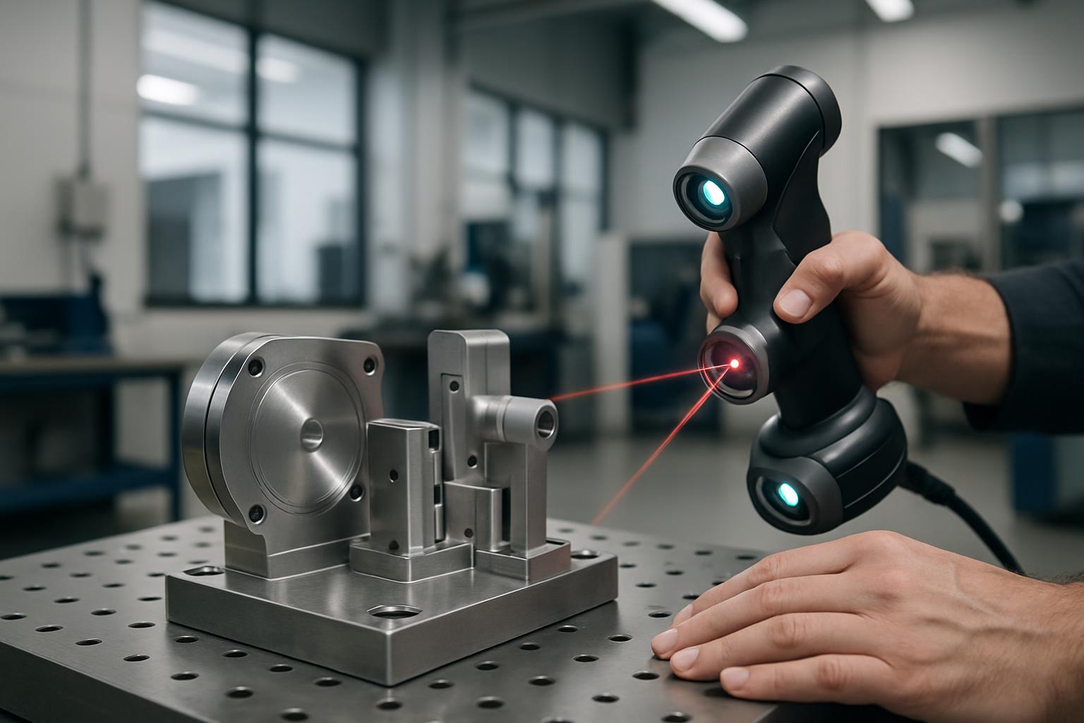 A person uses a 3D scanner to scan a metal object, likely in a workshop or manufacturing setting.